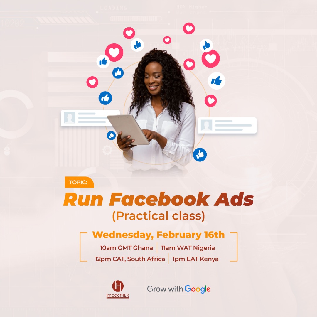 ImpactHERAfrica's tweet image. Have you been running Facebook Ads but getting no conversions? 

Then join our Webinar tomorrow for a practical class.

Greatness, if you snooze you lose!

Register Now.

Link: bit.ly/FacebookAdsPra…

#HowToRunFacebookAds #FacebookAds #EntrepreneurshipWeek #ImpactHER