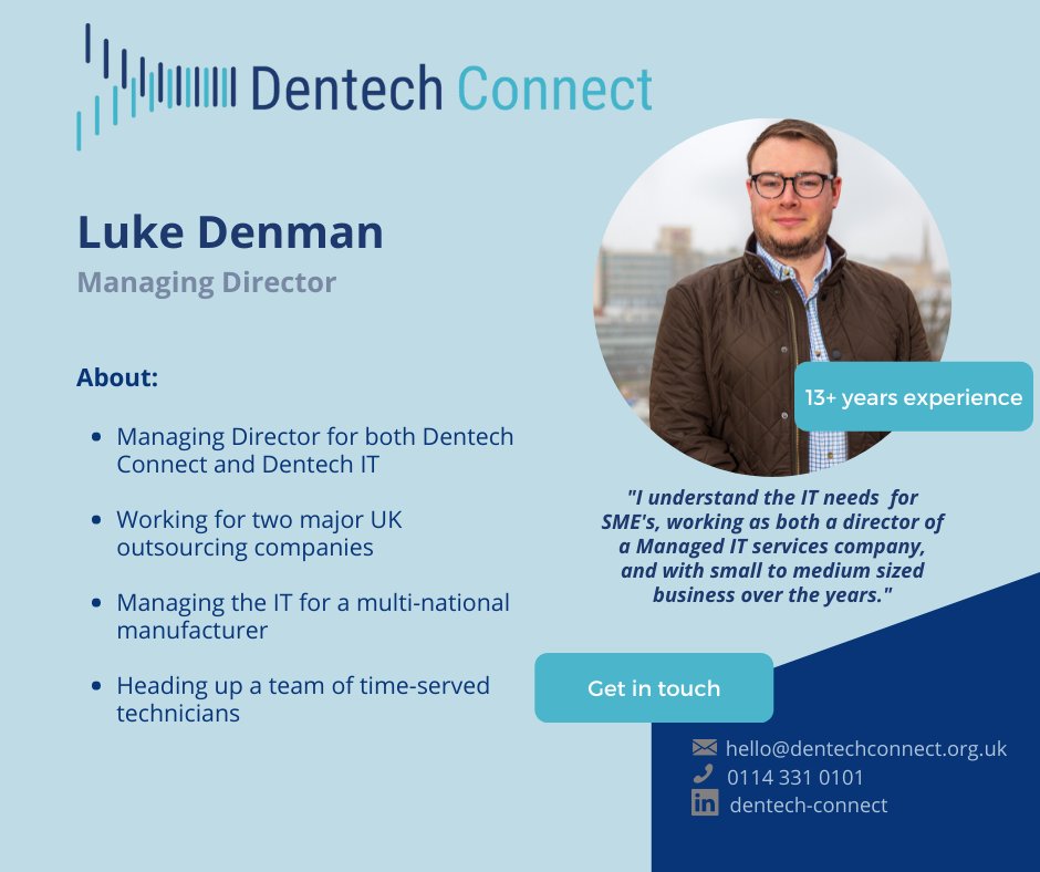 Meet the face behind the company!

Introducing Luke Denman, Managing Director for Dentech Connect and <a href="/DentechIT/">Dentech IT</a> 

Read more about Luke here: 

ow.ly/9hHW50HUlqq

#meettheteam #gettoknowus #connectivity #IT #broadband