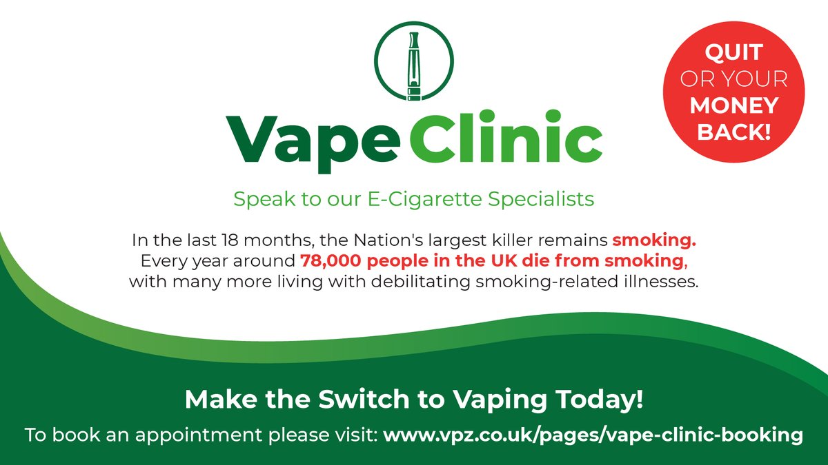 edenhighwycombe's tweet photo. Smoking is still the biggest killer in the UK, accounting for over 78,000 deaths every year.
To try and reduce this figure, @vpzuk has created the Vapeclinic, aiming to get people to quit smoking for good.
Now available in-store.
#edenshoppingcentre #edenshopping #vpz https://t.co/PPQnVstXc6