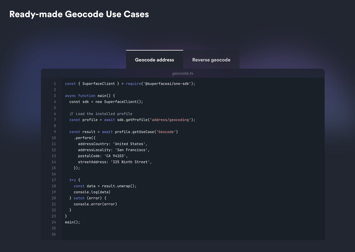 superfaceai's tweet photo. We've just launched a new geocoding provider, @TomTom 🚀📍

Code or decode a postal address to or from geographical coordinates. Just with 3 lines of code👇🏽

https://t.co/cyidBdnKzt #geocode #intergations #api #nodejs https://t.co/onYSQUR9wy