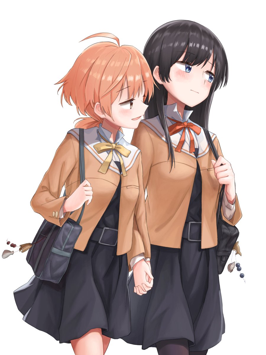 multiple girls 2girls holding hands school uniform black hair orange hair yuri  illustration images