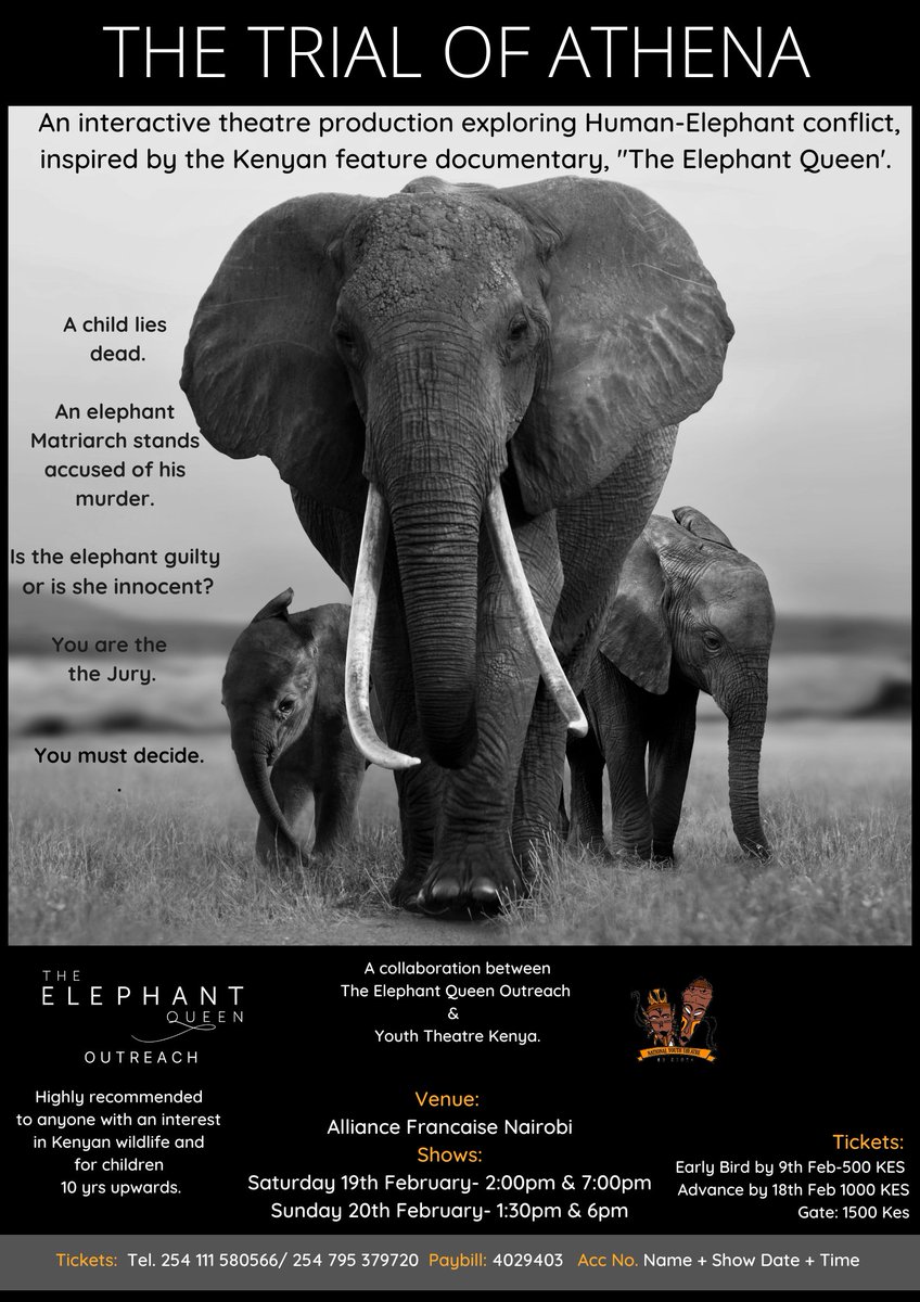 If you are in Nairobi this weekend - here's an interactive drama production, The Trial of Athena. Part of #theelephantqueen impact program in collaboration with #YouthTheatreKenya