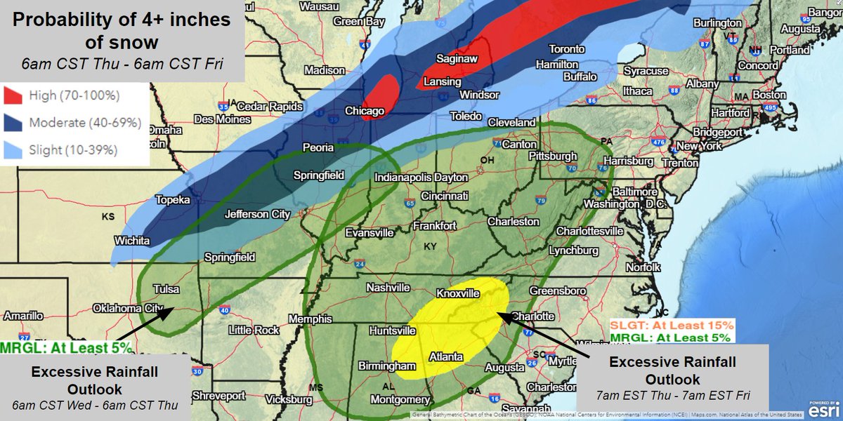 A winter storm will bring multiple hazards to the central and eastern U.S. Wed into Fri. Significant snowfall impacts are probable within the cold sector, but uncertainty remains in the axis of heaviest totals. South of that, heavy rainfall and flooding are possible.
