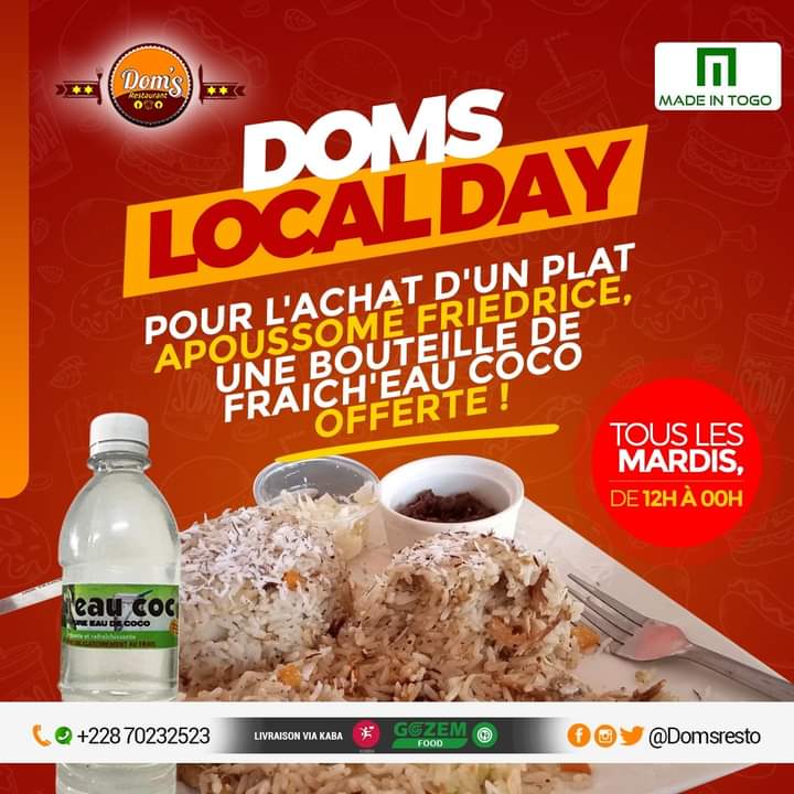 Où sont les fans d'Apoussomé Fried Rice et de Fraich'eau coco ? Aujourd'hui c'est Local Day.. 🤗 Une seule adresse 👇

📍 Bvd Jean Paul II - Qtier Nukafu, à 100m à droite après la station T-Oil, en direction du Collège Saint Joseph | 📞 +228 70232523 (Gsm/Whatsapp)   

#togo