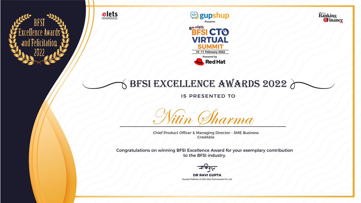 We're proud to announce our CPTO &amp; MD SME Business at CredAble, Nitin Sharma has won the #BFSIExcellenceAward for his exemplary contribution to the BFSI industry.

From the entire team at <a href="/CredAble/">Credable</a> &amp; <a href="/upscaledotcash/">UpScale by CredAble</a> , a heartiest congratulations to you, Nitin!

#BFSI #Stalwart