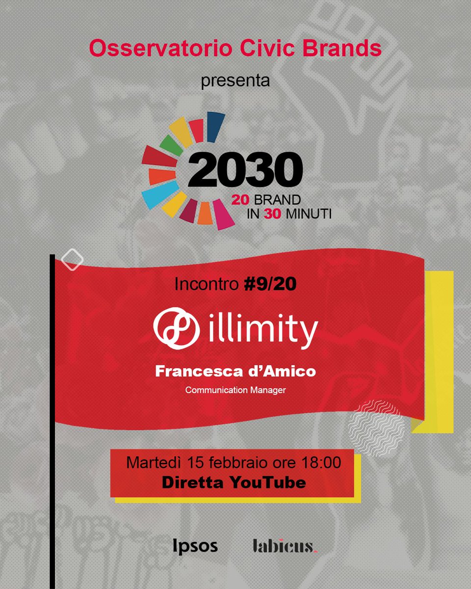 IpsosDoxa's tweet photo. Oggi alle 18:00 riprendono le dirette 2030 dell’#OsservatorioCivicBrands con Francesca d’Amico di @illimitybank, intervistata da @frapetrella e @AFagnoniASI di #Ipsos.
Come può una banca occuparsi di #sostenibilità sociale ed economica?
Seguici qui 👉 https://t.co/PCgFQroOfO https://t.co/ZyoFRNqsmP