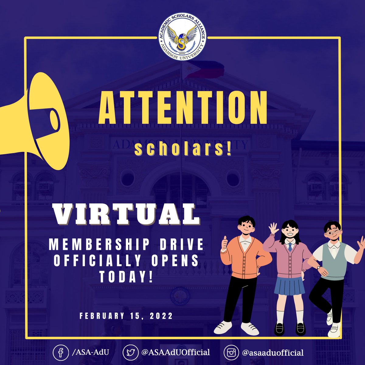 ASAAdUOfficial's tweet photo. The Virtual Membership Drive for the Second Semester Officially opens today!
SEE MORE: https://t.co/MHnPv7xyYr
#OneProudScholar
#MoreThanOneColor
#ExcellenceInDivergence
#TriumphOverAdversity https://t.co/dnrlZZl23M