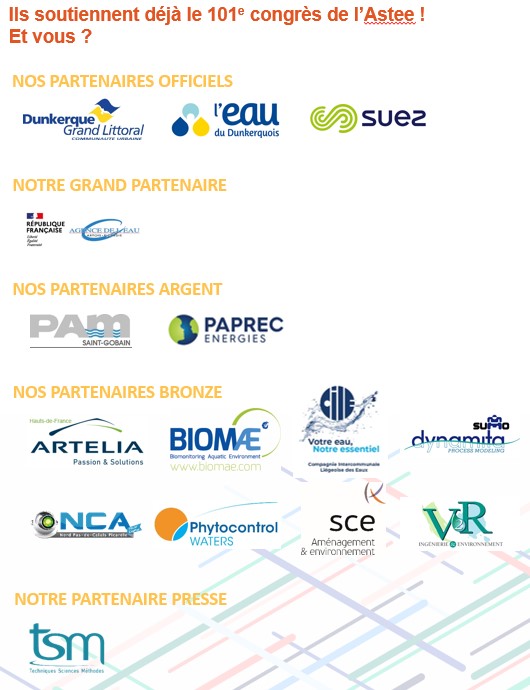_astee's tweet image. Ils soutiennent le 101e congrès de l'Astee @Dunkerque 🗓14-16/06/2022
Et vous, c'est pour quand ?😉
👉bit.ly/3BnYI9j

Merci à tous nos partenaires !
Partenaires officiels #communautéurbainedunkerque @Syndicat_Eau_DK @suezFR
Grand partenaire @AgenceEau 
#Astee2022