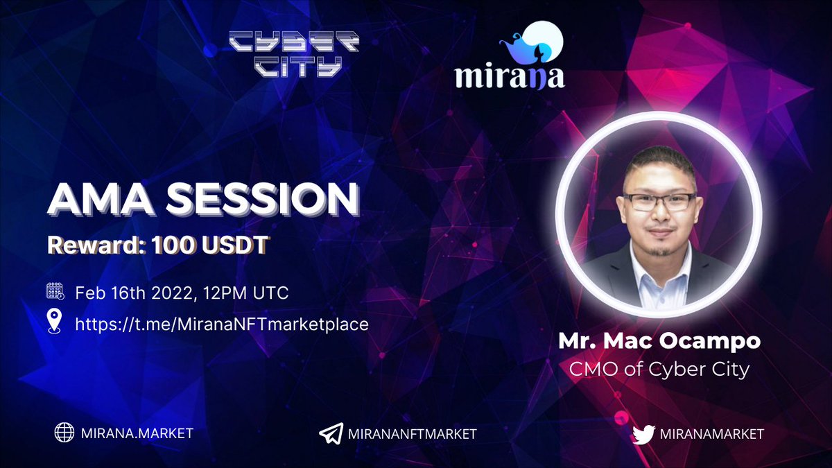 🔥Cyber City AMA session on Mirana Marketplace on Feb 16th🔥

Join AMA session with Cyber City on Mirana Marketplace to know how to grasp the last GIGA boxes from CyberCity!

⏰Time: 12:00 PM UTC Feb 16, 2022
💰Total rewards: 100 USDT

👉Ask questions on this tweet