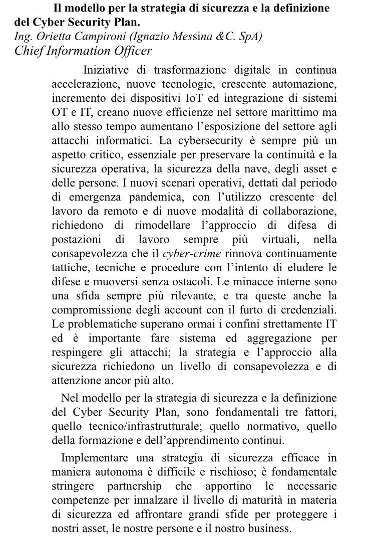 Assarmatori1's tweet photo. #CyberSecurity nell’ambito marittimo-portuale. Orietta Campironi (@GruppoMessina): Nella definizione del #CyberSecurityPlan sono fondamentali i fattori tecnico, normativo e della formazione. #Assarmatori @UniportFise @Conftrasporto @Confcommercio @Leonardo_IT @UniGenova https://t.co/6bTIEOVdWx