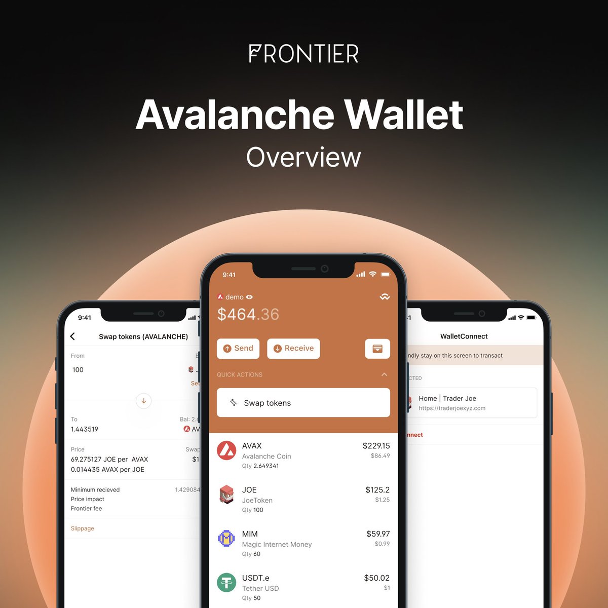 FrontierDotXYZ's tweet photo. Our @avalancheavax wallet just got a boost. 

New features. Much faster 🚀

⭐️Overview ⭐️
—Transact $AVAX and C-chain based assets 
— Access DeFi dApps using @WalletConnect 
—[NEW🔥] Avalanche trading powered by @0xProject 

Tell us what more you want to see in your #AVAX wallet https://t.co/BUt6VjIH4c