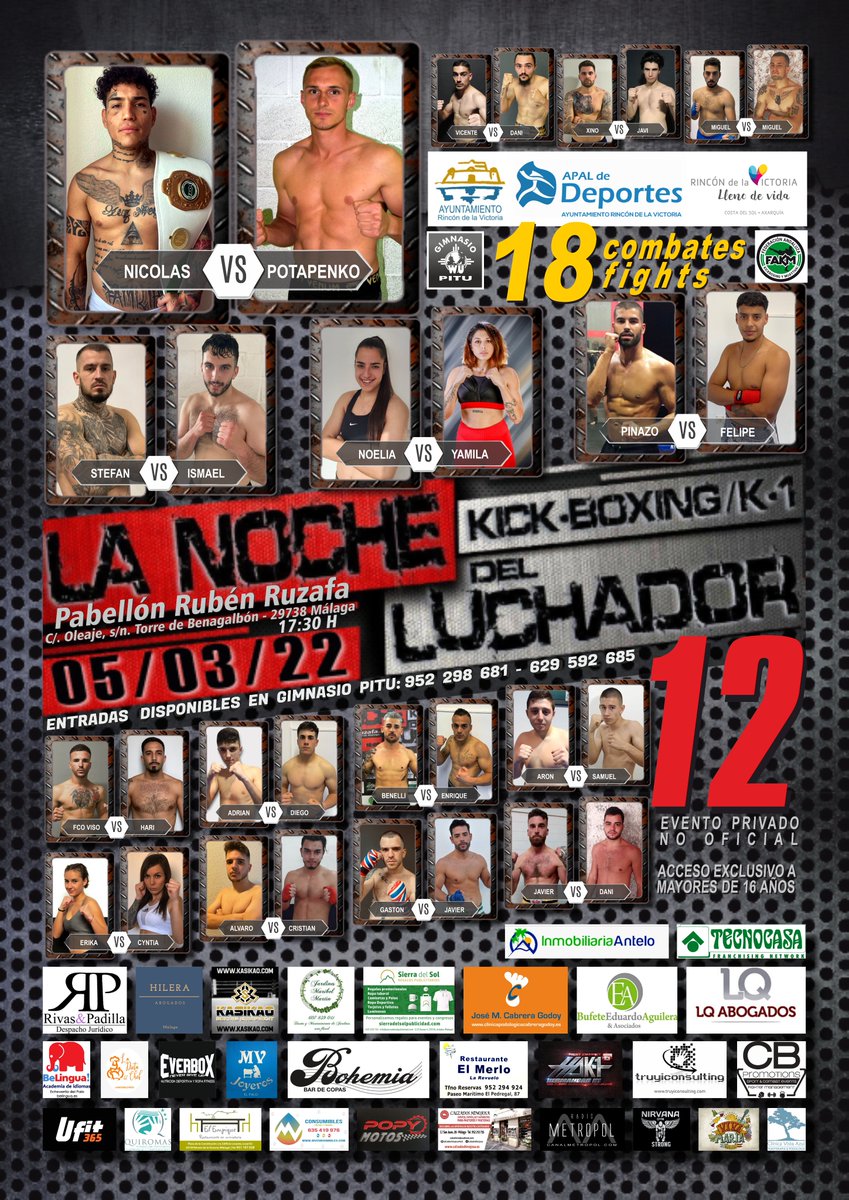 aytorincon's tweet photo. ▶Rincón de la Victoria acoge la XII Noche del Luchador con 18 combates de Kick-Boxing y K1 
▶El encuentro se celebrará el 5 de marzo en el Pabellón de Torre de Benagalbón y reunirá a 36 luchadores de Mallorca y Andalucía, con representación de rinconeros
https://t.co/lwcnEReV7H https://t.co/yqqyTu0DR1