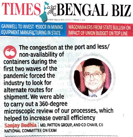 Patton_IntLtd's tweet photo. #InTheNews
Sanjay Budhia (Managing Director, @Patton_IntLtd & Co-Chair, @FollowCII National Committee on EXIM) said, " We were able to carry out a 360-degree microscopic review of our processes, which helped to increase overall efficiency."
#PattonGroup #PattonIndia https://t.co/XwbS4qrQ8f