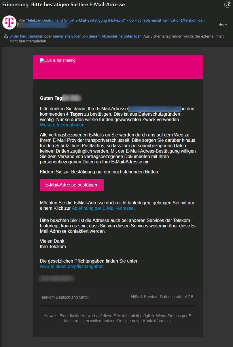 elecobama's tweet photo. Eine der gefährlichste Art von E-Mails wird ausgerechnet von der @deutschetelekom verschickt. Der Link des Buttons führt nicht auf https://t.co/W24xq65PvO sondern auf https://t.co/m6laVWR0Rv und verlangt dort die Eingabe weiterer Daten. Wie soll man sich da sicher sein? @BSI_Bund https://t.co/dHZTielKQ4