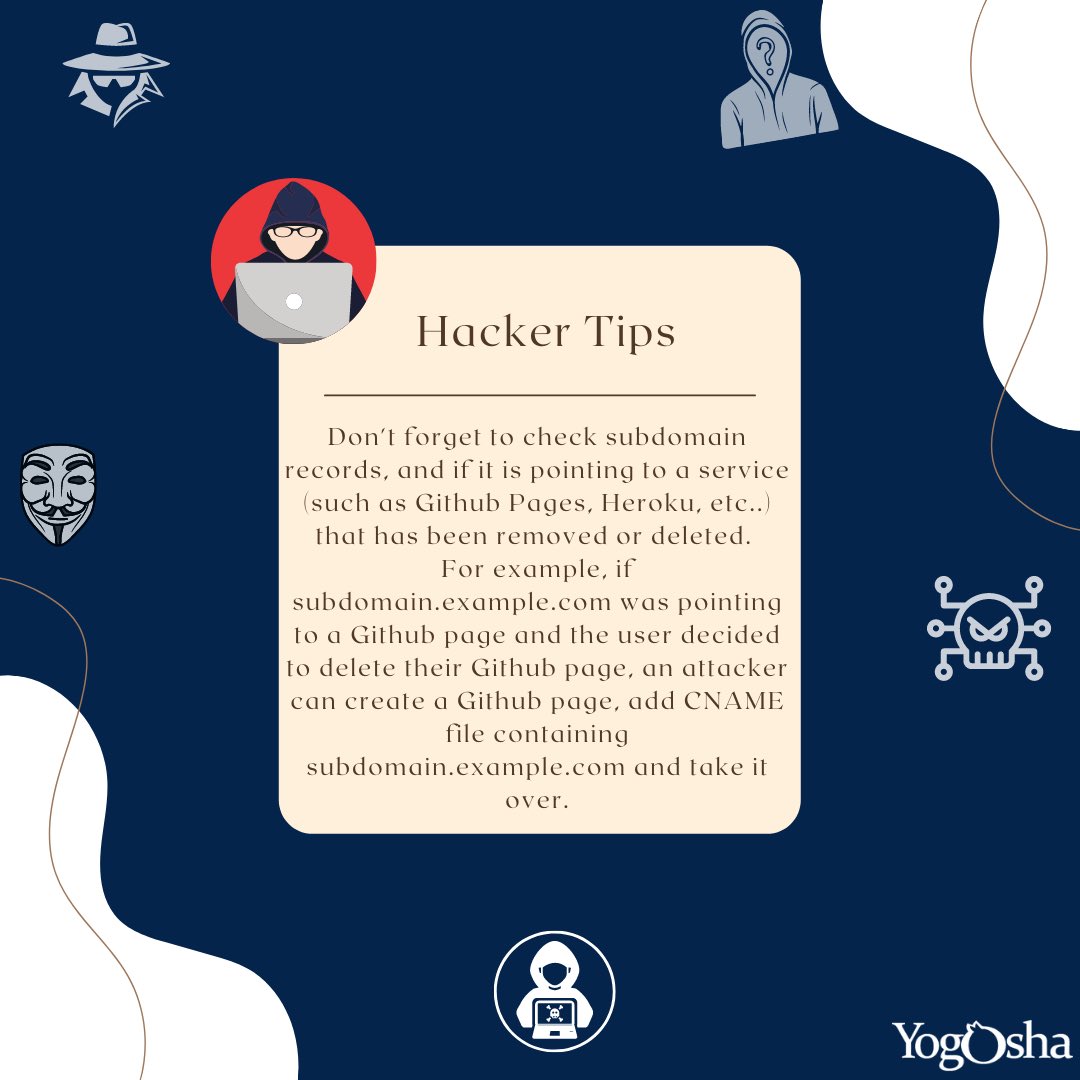 YogoshaOfficial's tweet photo. [HACKER TIP] Don't forget to check the subdomain records, and if it is pointing to a service (such as Github Pages .. ) that has been removed or deleted. You can takeover this subdomain if you follow these steps🔥
Thanks @BenaliSemah for the tip 🙏
#bugbounty #hackertips https://t.co/ZZ9mewxH4N