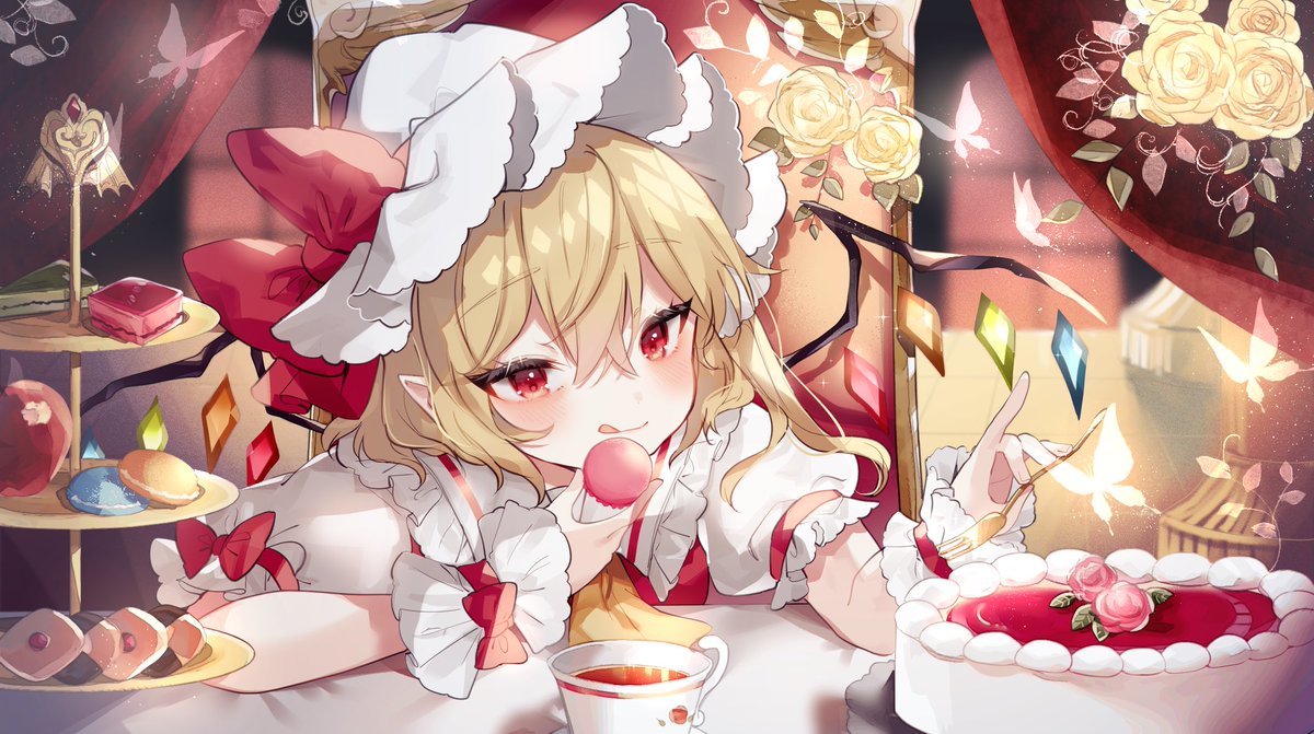 flandre scarlet 1girl food blonde hair hat tongue red eyes tongue out  illustration images