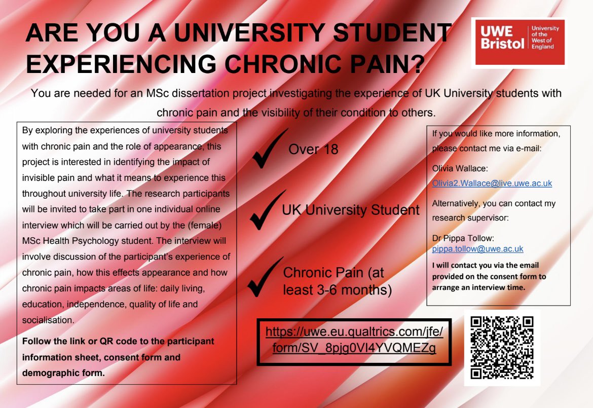 ARE YOU A UK UNIVERSITY STUDENT WITH CHRONIC PAIN? 
Follow the link to show your interest in my study and I’ll contact you to arrange an online interview! 
<a href="/pippatollow/">Dr Pippa Tollow</a> <a href="/UWEHealthPsy/">UWE Health Psych</a> #chronicpain #university #pain