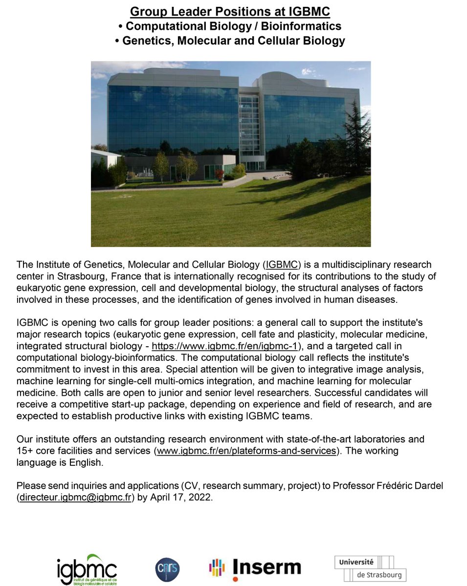 We launch 2⃣ calls for new team leader positions at IGBMC ! 👩‍🔬👨‍🔬
👉a first call to support the institute's major research topics in #Genetics, molecular and cellular #biology
👉a second call in computational biology and #Bioinformatics

All the info here : bit.ly/3pbKELt