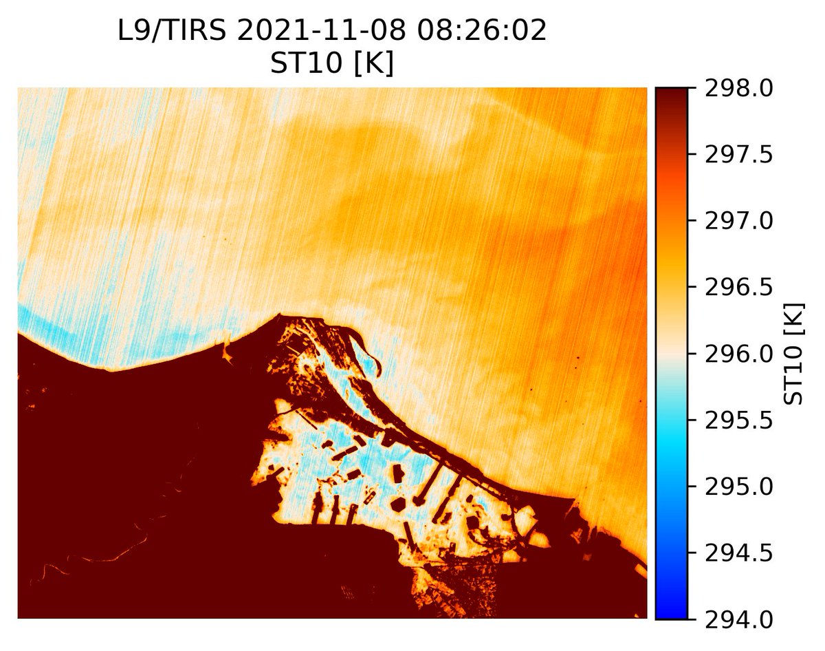 L9/TIRS processing added to ACOLITE/TACT! Here a 2021-11-08 image of the Mediterranean side of the Suez Canal (at Port Said and Port Fuad), and the brackish Lake Manzala. L9/OLI derived RGB and water turbidity. Some along track striping is visible in the TIRS  data.
