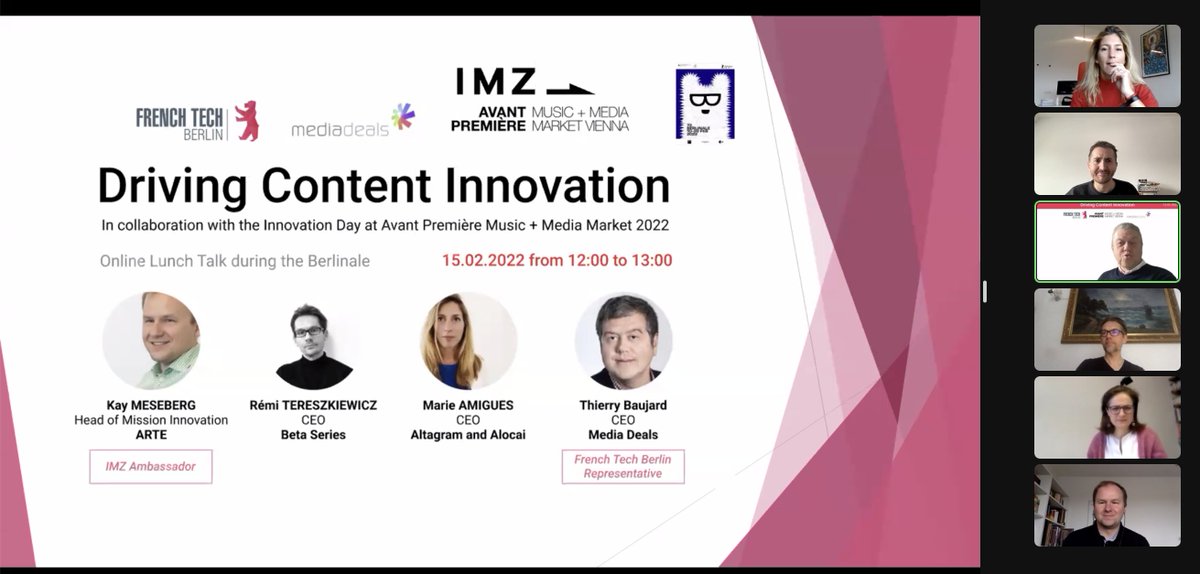 French Tech Berlin (@frenchtechbrln) on Twitter photo Our online lunch talk just started, join us live: Driving Content Innovation, with @Meseberg (<a href="/ARTEpro/">ARTE pro</a> ), <a href="/tereszkiewicz/">remi tereszkiewicz</a> (<a href="/betaseries/">BetaSeries.com</a>) and Marie-Laurence Amigue (<a href="/Altagram_Group/">Altagram</a>). Moderation by Thierry Baujard (<a href="/MediaDealsUG/">Media Deals </a>). us02web.zoom.us/j/82627223814?… Our online lunch talk just started, join us live: Driving Content Innovation, with @Meseberg (<a href="/ARTEpro/">ARTE pro</a> ), <a href="/tereszkiewicz/">remi tereszkiewicz</a> (<a href="/betaseries/">BetaSeries.com</a>) and Marie-Laurence Amigue (<a href="/Altagram_Group/">Altagram</a>). Moderation by Thierry Baujard (<a href="/MediaDealsUG/">Media Deals </a>). us02web.zoom.us/j/82627223814?…