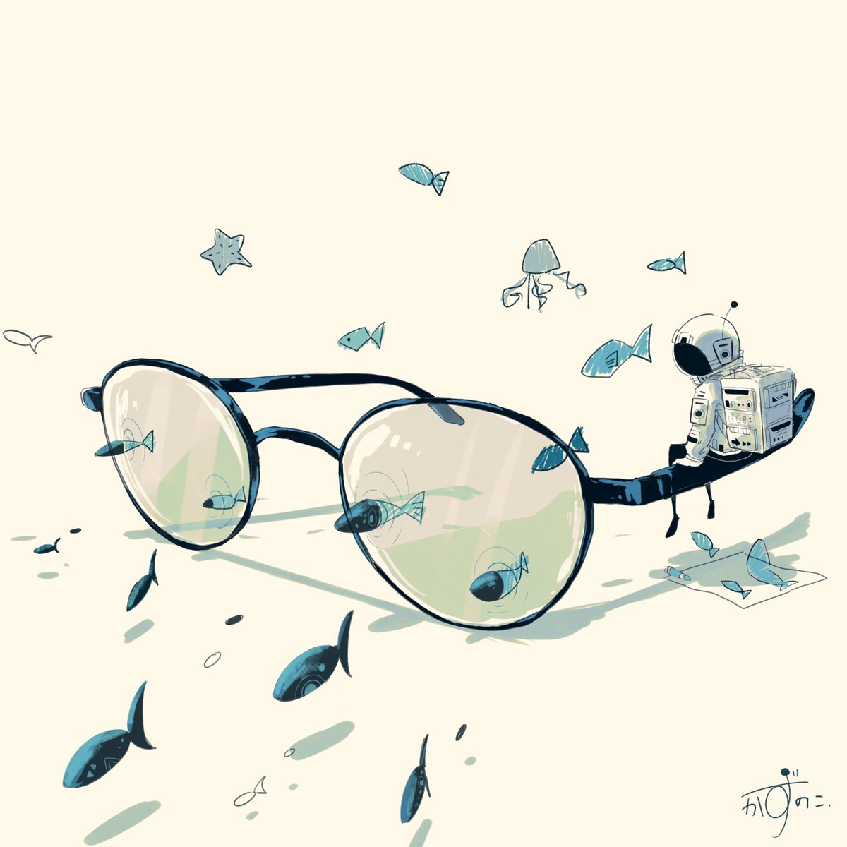 fish white background solo simple background signature glasses shadow  illustration images