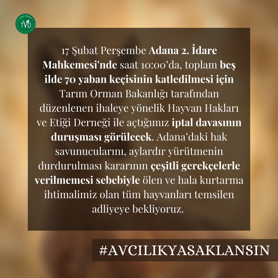 27 Eylül'de, Adana dahil 5 ilde 70 yaban keçisinin #avturizmi ile katledilmesine engel olmak için <a href="/hakim_komite/">HAKİM - Hayvan Hakları İzleme Komitesi</a>  ile birlikte açtığımız dava, yürütmeyi durdurma kararı verilmediği için aylardır sürüncemede. Hala kurtarma ihtimalimiz olan hayvanlar için 17 Şubat'ta duruşmadayız.