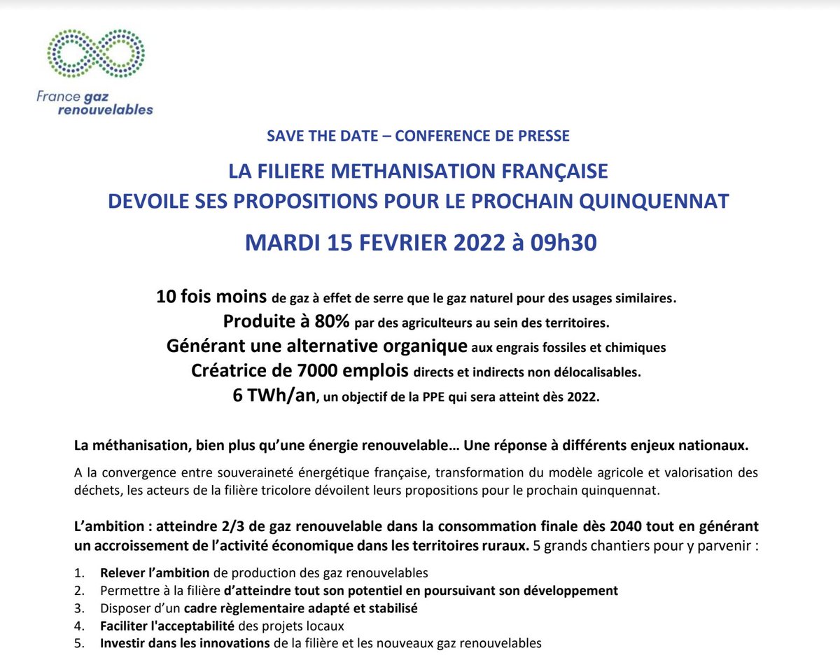 À quelques semaines de l’élection présidentielle, la filière #méthanisation française dévoile ses propositions pour le prochain quinquennat #Elysee2022 💡🇫🇷