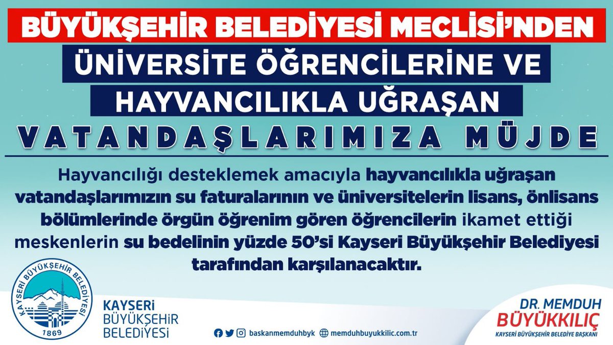 Ramazan EREN (@av_ramazaneren) on Twitter photo Her zaman gençlerin yanında olan <a href="/baskanmemduhbyk/">Dr. Memduh Büyükkılıç</a> başkanımız ve Genç Dostu <a href="/KayseriBSB/">Kayseri Büyükşehir Belediyesi</a>
belediyemiz gençlerimize bir kez daha desteklerini gösterdi. Üniversite öğrencilerimizin su faturaları için elini taşın altına koyan tüm değerli meclis üyelerine teşekkürlerimizi sunuyoruz. Her zaman gençlerin yanında olan <a href="/baskanmemduhbyk/">Dr. Memduh Büyükkılıç</a> başkanımız ve Genç Dostu <a href="/KayseriBSB/">Kayseri Büyükşehir Belediyesi</a>
belediyemiz gençlerimize bir kez daha desteklerini gösterdi. Üniversite öğrencilerimizin su faturaları için elini taşın altına koyan tüm değerli meclis üyelerine teşekkürlerimizi sunuyoruz.