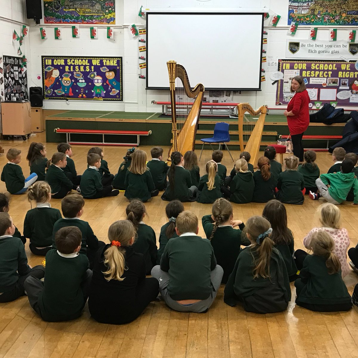 HawthornPrimary's tweet photo. We are all being treated to a visit from @glendaclwyd today. The children are mesmerized by the soothing sounds of the harp. Just what is needed on a wet + windy day. https://t.co/uMm1Jg2WFK
