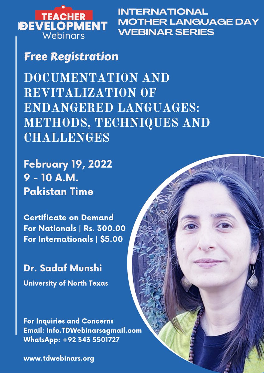 TDWebinars's tweet image. Join us on
📆 February 19
⏰ 9AM Pakistan Time @TDWebinars with Dr. @SadafMunshi

Register here: tdwebinars.org/2022/02/07/doc…
YouTube LIVE: youtu.be/012rgQkKrkc

@UNDP_Pakistan @UNESCO #TDWebinars  #LanguageDocumentation #LanguageRevitalisation #InternationalMotherLanguageDay