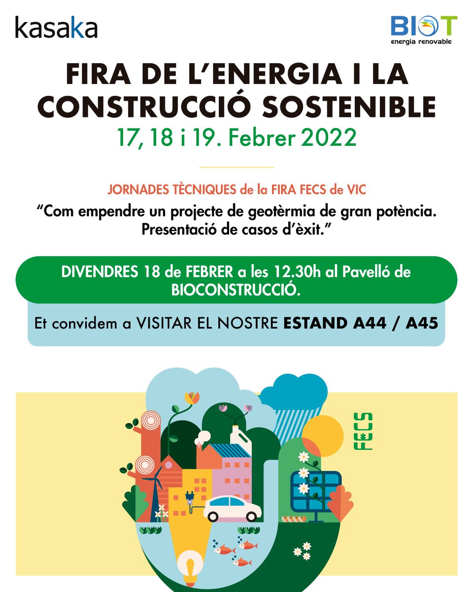 <a href="/fecsvic/">FECS · Fira de l'Energia i Construcció sostenible</a> <a href="/AjRubi/">Ajuntament de Rubí</a> <a href="/vic_turisme/">Vic Turisme i Fires</a> #TransicióEnergètica |  Vols saber com emprendre un projecte de #geotèrmia de gran potència?

🔝 Visita l'estand A44/A45 dels #socisCEEC <a href="/BIOTRenovables/">BIOT ENERGIA RENOVABLE</a> i <a href="/Kasaka_Systems/">Kasaka_Waterkotte</a> a la <a href="/fecsvic/">FECS · Fira de l'Energia i Construcció sostenible</a> 

🗓️ 18 de febrer 
📍 Vic 

👉 Més info: vicfires.cat/fecs-fira-de-l…