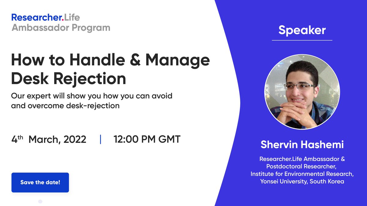 R_Discovery's tweet photo. Has #deskrejection got you stumped?
Learn how you can deal with and avoid desk rejection in this special #FBLive with #ResearcherLife Ambassador, Shervin Hashemi.
RSVP today: https://t.co/9I3byWT3D6
#AcademicChatter #Researchpublishing #Acwri https://t.co/P5BneFLHDy
