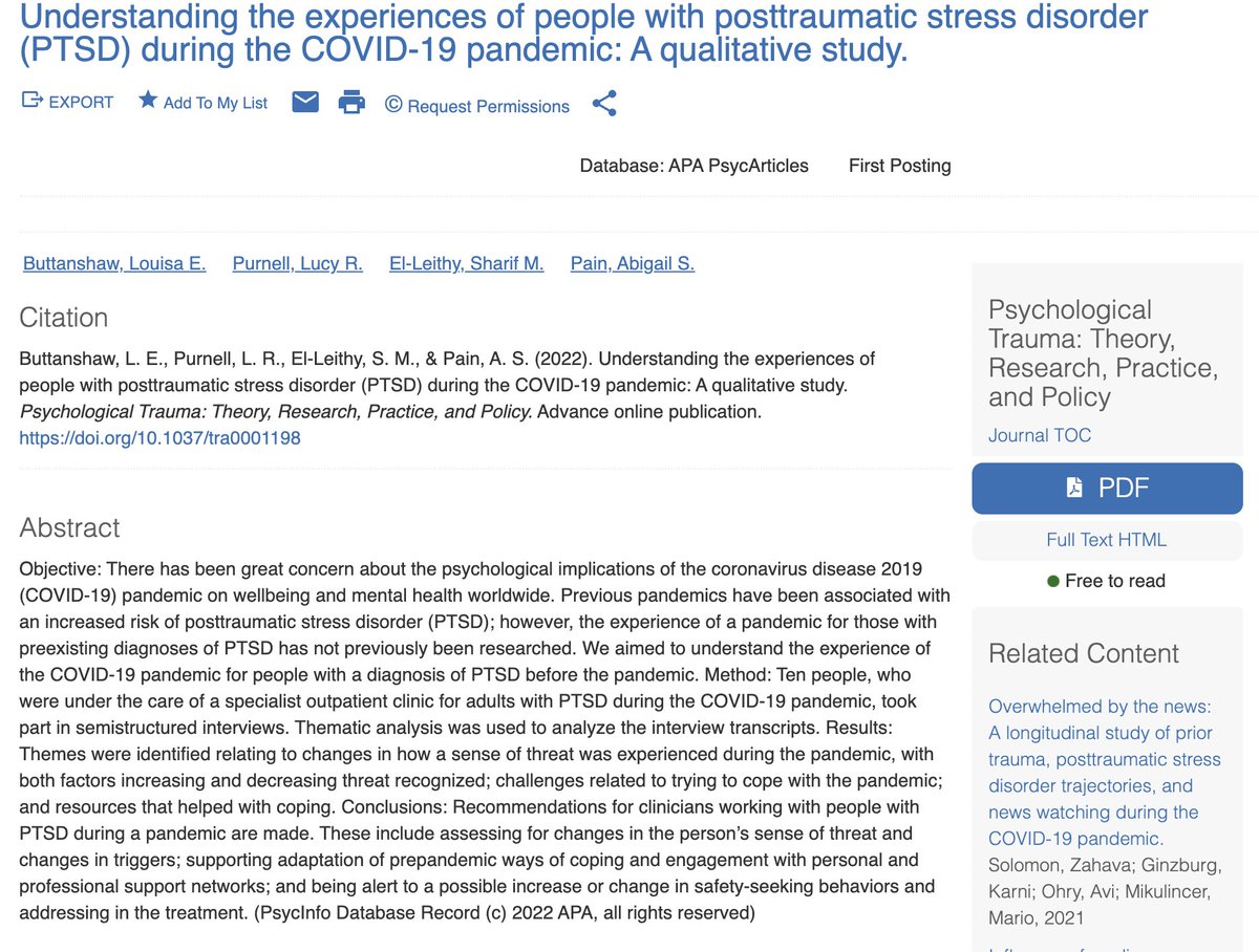 New paper out looking at the experiences of people with #PTSD during the #pandemic - I'm so grateful to have worked on this with @LButtanshaw, <a href="/sharifelleithy/">Sharif El-Leithy</a> and Abby at the TSS! A huge thank you to all the participants who shared their stories psycnet.apa.org/record/2022-28…