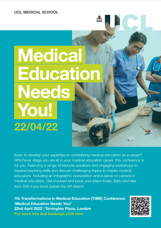 Emma Kelley (@dremkel) on Twitter photo UCL Medical School's 7th Transformations in Medical Education (TiME) Conference, ‘Medical Education Needs You!’ on 22/4/2022.
Explore emerging pedagogical concepts on the theme: Diversity and Development.
With keynote from <a href="/DacreJane/">Dame Jane Dacre</a>
More info & tickets: ucl.ac.uk/medical-school… UCL Medical School's 7th Transformations in Medical Education (TiME) Conference, ‘Medical Education Needs You!’ on 22/4/2022.
Explore emerging pedagogical concepts on the theme: Diversity and Development.
With keynote from <a href="/DacreJane/">Dame Jane Dacre</a>
More info & tickets: ucl.ac.uk/medical-school…