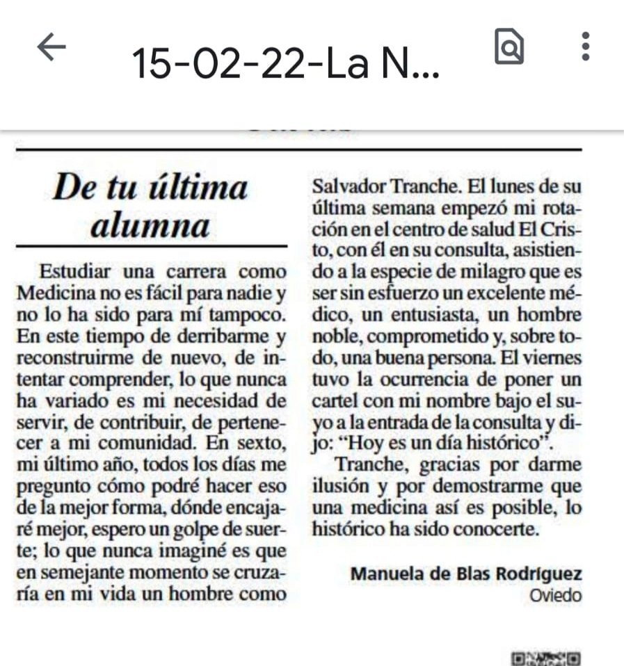 BelenSumi's tweet image. Un "día histórico" sin duda. Preciosa carta de una alumna a un gran Maestro➡️ #SalvadorTranche
Esperanza en el  futuro
@lanuevaespana @semfyc @astursalud