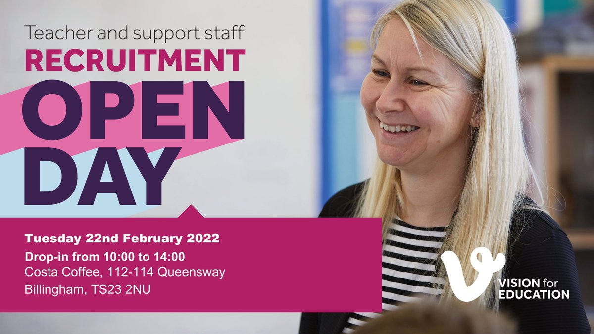 Vision for Education, Teesside are holding a recruitment open day at Costa Coffee, Billingham next week!📍

Come along to find out about all of the exciting opportunities available. Teachers/TA's/Covers Supervisors/Support staff can drop-in to find out more. 👨‍🏫 See you then!