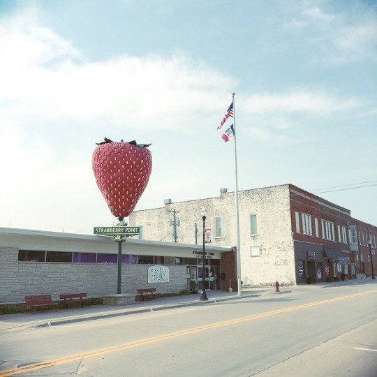 RoserCabre's tweet photo. La foto d'AIOUA és una foto que vaig fer a Iowa. No hi ha cap muntatge. Un main street realista amb una maduixa gegant, surrealista. Com la història que explico, diria. 

Strawberry Point va ser només un dels pobles per on vaig vagarejar aquells dies. https://t.co/b6ncZ5CK0t