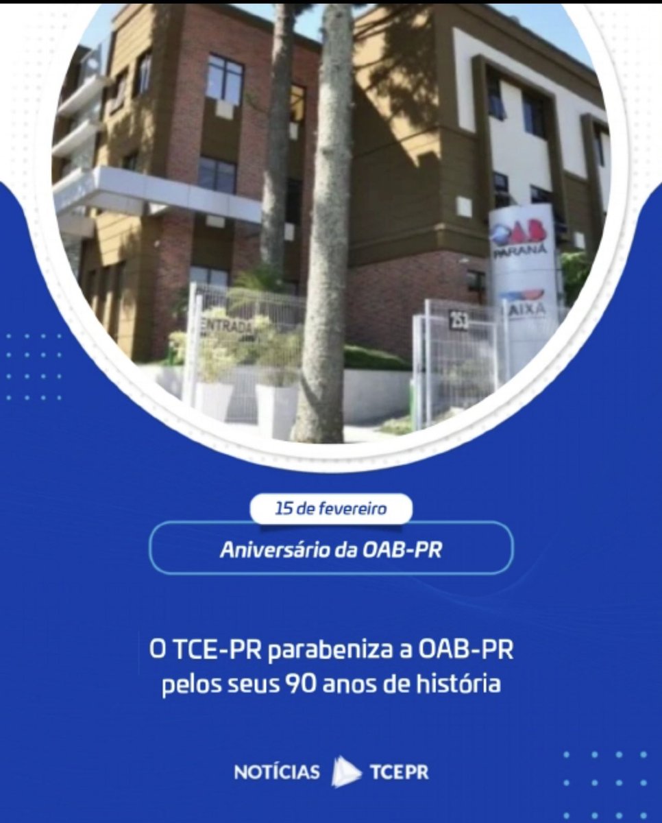 TCEPR's tweet photo. O TCE-PR parabeniza a @OABPR pela celebração, na data de hoje, dos seus 90 anos, sempre atuando na defesa das prerrogativas dos advogados e das advogadas, dos direitos fundamentais, da democracia e das liberdades. #oab #oabpr #advocacia #advogado #advogada https://t.co/d1WnBBpPkz