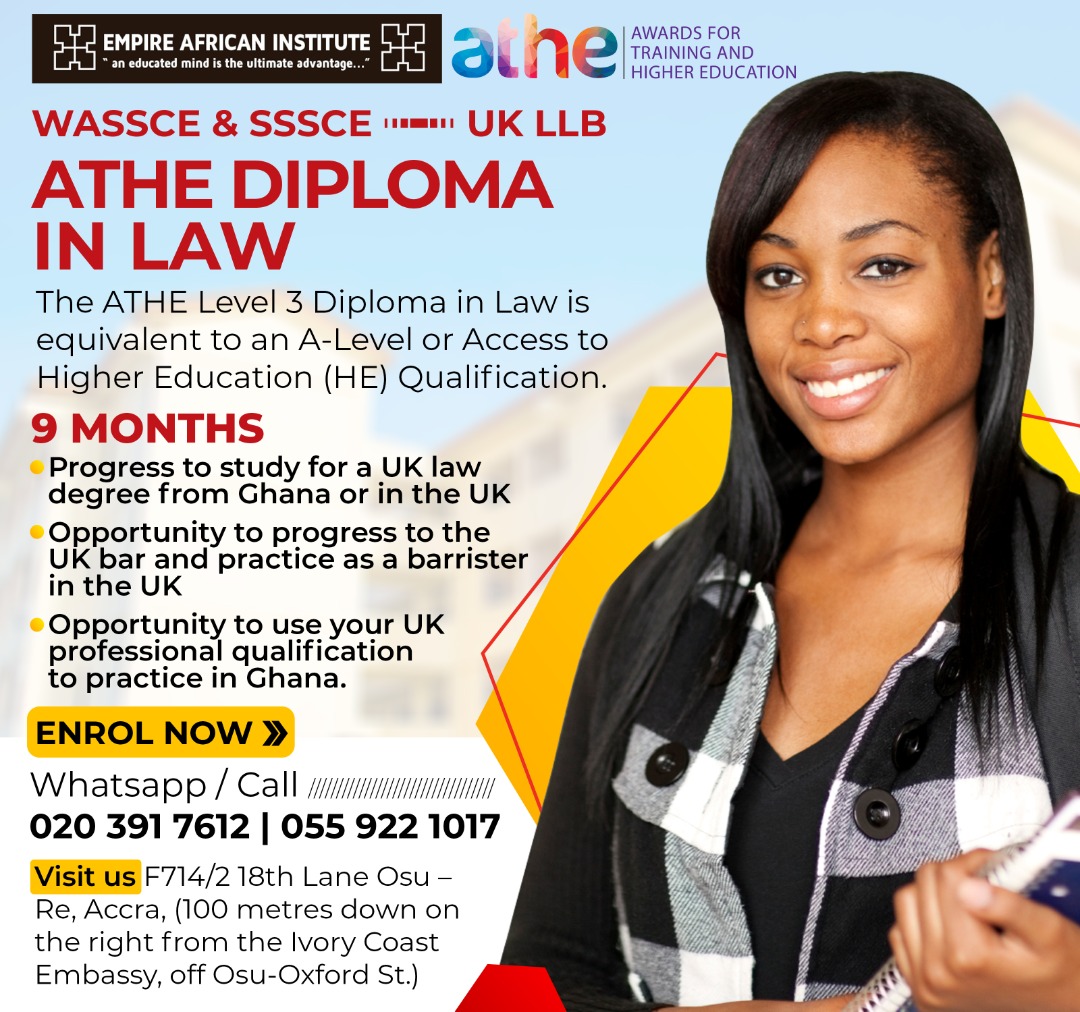 Abena_Malloc's tweet photo. With ATHE Law qualification, you can earn a UK law degree and go further to pass the UK Bar. Find out more #law #WASSCE #SSSCE https://t.co/NQUPc5D4QF