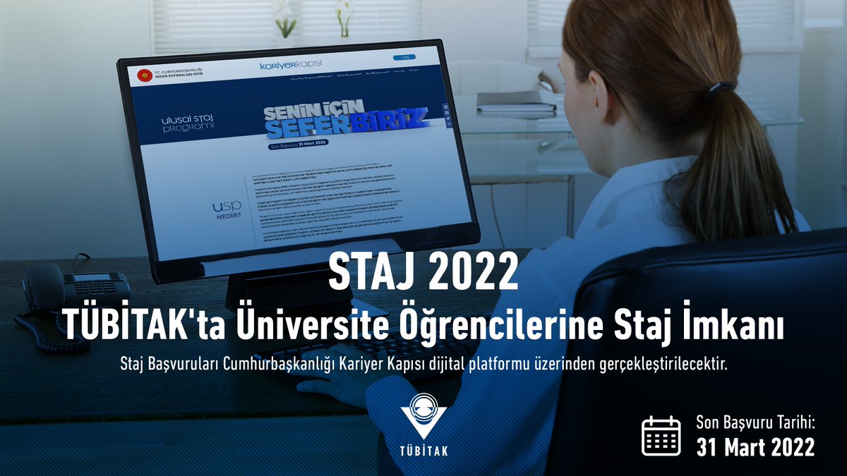 📢@tccbiko tarafından Ulusal Staj Programı (<a href="/ulusalstajprg/">Ulusal Staj Programı</a>) başlatılmıştır. 

TÜBİTAK 2022 yılı üniversite öğrencisi stajyer alımları için başvurular Cumhurbaşkanlığı Kariyer Kapısı dijital platformu kariyerkapisi.cbiko.gov.tr/ulusalstajprog… üzerinden gerçekleştirilecektir.

🗓️Son başvuru: 31 Mart