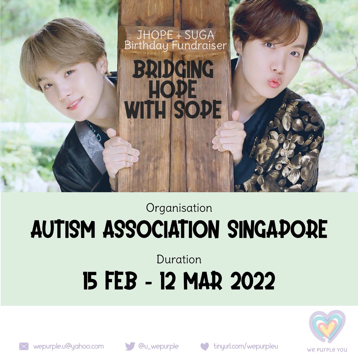 u_wepurple's tweet photo. We are kicking off 2022 with 2 out of 7 of our favourite boys!
Join us as we raise awareness on autism & raise fund for our 1st organisation - Autism Association Singapore.💜
Everyone deserves to be loved. 💜
#wepurpleuproject #hopewithsope #hobiday #sugaday #ARMYgivesback https://t.co/7jIMkAEVwq