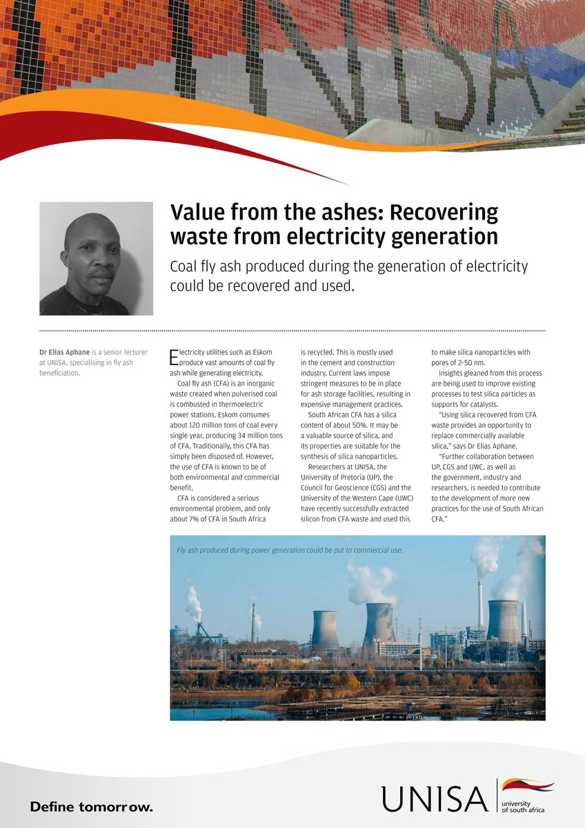 UnisaRandI's tweet photo. Meet Dr Elias Aphane, a senior lecturer at @Unisa, specialising in fly ash beneficiation. Check out his article entitled, “Value from the ashes: Recovering waste from electricity generation”.

#Definetomorrow through #theArtofResearch. https://t.co/KQzuUpZhzB