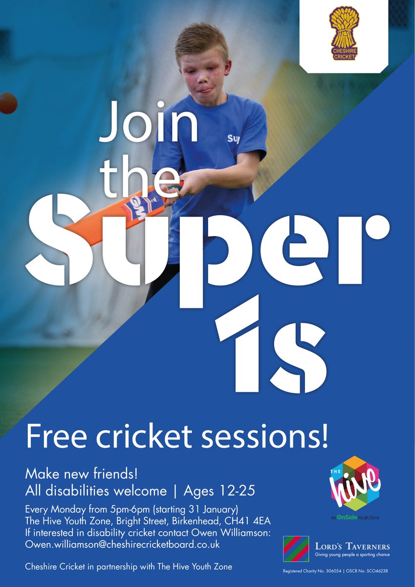 TheHiveYZ's tweet photo. Thanks to funding by the @LordsTaverners, @CheshireCB Cricket Board have created community cricket hubs to deliver cricket coaching to young people aged 12-25 with a disability... we are delighted to be one of them! Every Monday from 5pm at The Hive.
#Hiveability #Inclusion https://t.co/SJ1Xfhnowm