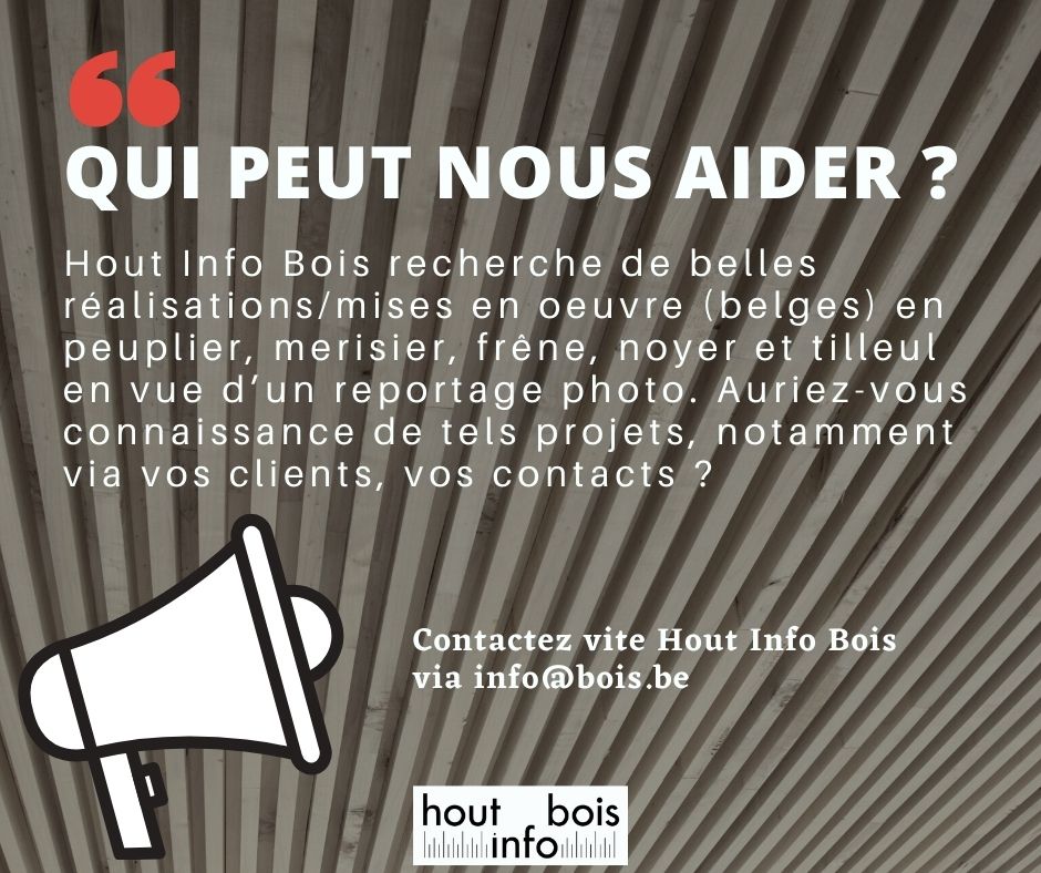 [please RT] Nous recherchons de belles réalisations/mises en œuvre (belges) en #peuplier, #merisier, #frêne, #noyer et #tilleul pour un reportage photo. Auriez-vous connaissance de tels projets, notamment via vos clients, vos contacts? Contactez-nous vite via info@bois.be #bois
