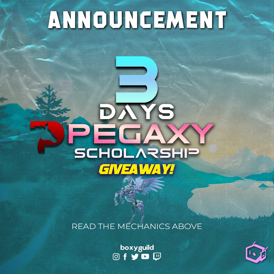 Attention: Pegaxy Scholarship Giveaway! 🐎

We are giving away a 50% 3-day scholarship.
Follow Mechanics below:
1) Like this tweet
2) Retweet
3) Comment and tag at least 2 friends
4) Follow us on twitter

Deadline will be tomorrow, February 16, 2022 8:15PM (PhST).

Good Luck!