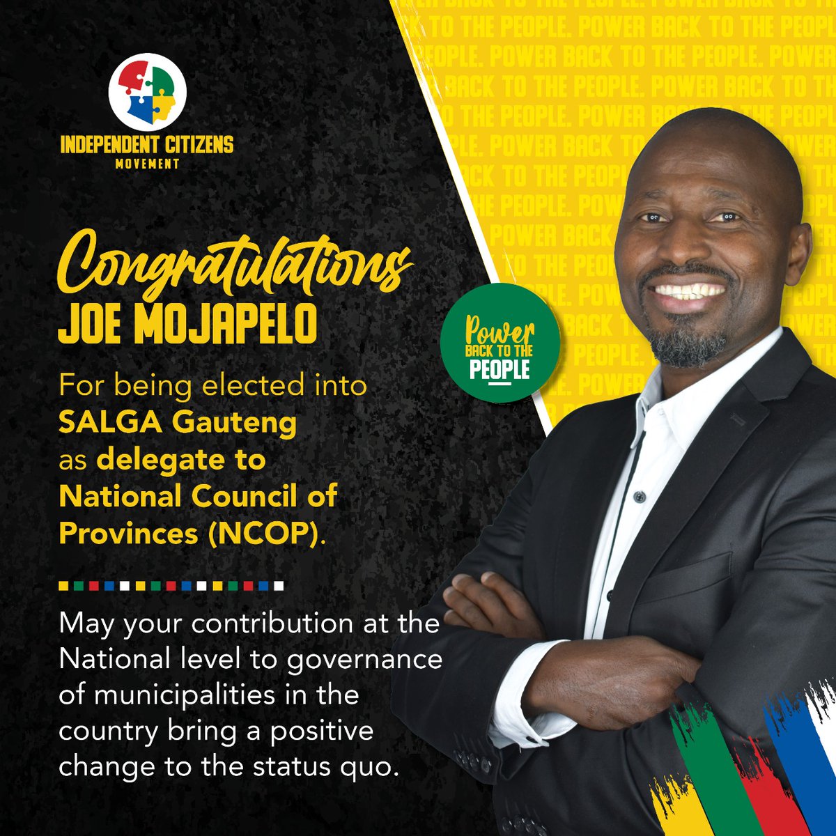 IndependentCMSA's tweet photo. ICM congratulates Mr J Mojapelo for being elected into SALGA Gauteng as a delegate to NCOP #leadership  #ICMSA #powerbacktothepeople✊🏾 #motivation #independentcitizensmovement https://t.co/CggKW40ywQ