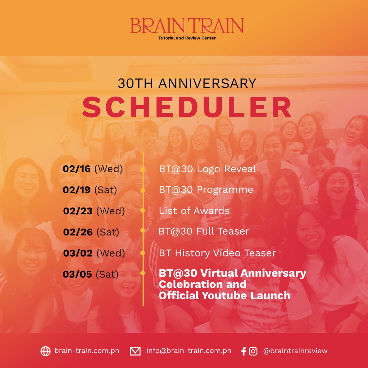 BT_Review's tweet photo. Mark your calendars as we celebrate 30 years of sincere passion in helping students acquire that #BrainTrainAdvantage! https://t.co/WNaYNEuwcj