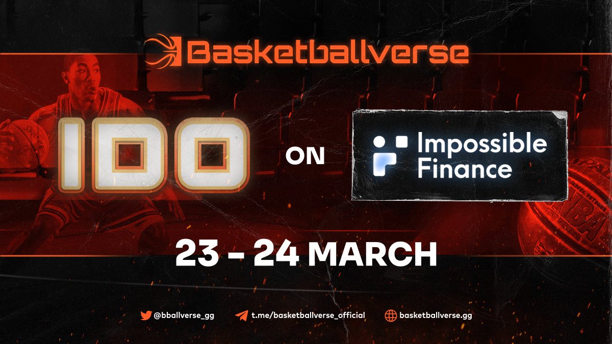 Basketballverse (@bballverse_gg) on Twitter photo 🔊Long anticipated IDO announcement is here!
👊Basketballverse has partnered with <a href="/impossiblefi/">Impossible Finance</a>
🎮Excited for our IDO dribble?
🗓️Mark the dates: March 23 & 24
#IDO #partnership #PlayToEarn #Metaverse #Basketball 🔊Long anticipated IDO announcement is here!
👊Basketballverse has partnered with <a href="/impossiblefi/">Impossible Finance</a>
🎮Excited for our IDO dribble?
🗓️Mark the dates: March 23 & 24
#IDO #partnership #PlayToEarn #Metaverse #Basketball