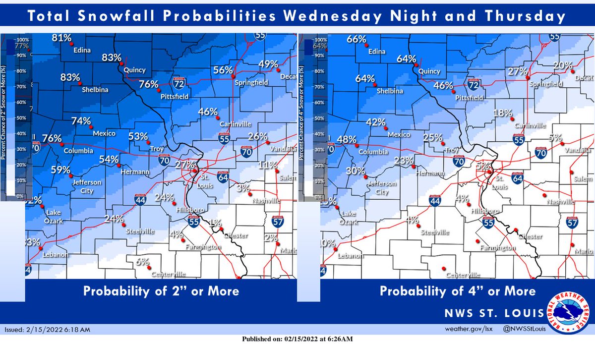 NWSStLouis's tweet photo. Total snowfall accumulation for Wednesday night and Thursday is still very uncertain. The most snow is expected across parts of central and northeast Missouri into west central Illinois, but snowfall amounts will drop sharply to the southeast. #stlwx #mowx #midmowx #ilwx https://t.co/ZvhfTnYBRW
