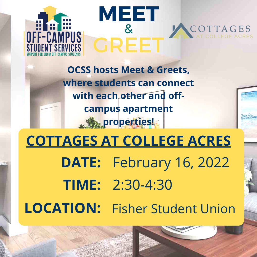 Seahawk_OCSS's tweet image. Join us and the Cottages at College Acres for a Meet &amp;amp; Greet, an opportunity to connect with other students as well as learn more about their apartment properties! 2/16/22, 2:30-4:30 PM. We'll be at the Fisher Student Union in the area across from Starbucks!